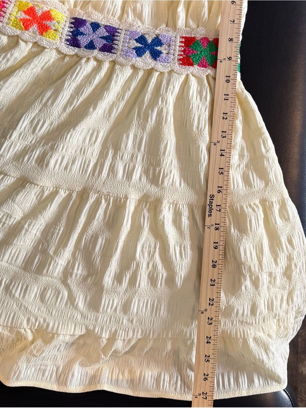 Boho Buttercream Textured Sun Dress Colorful Crochet Waistband - Picture 8 of 11